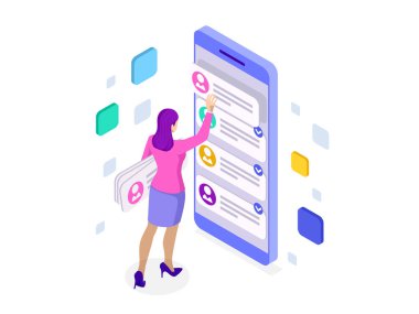 İzometrik ux uygulama geliştirme ve holding smartphone. Kullanıcı deneyimi. Web sitesi tasarımı ve geliştirme.