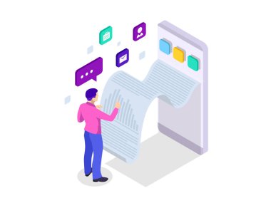 İstatistik verileri, finansal işlem, hareket eden banka, bir smartphone bir kağıt fatura ile bildirim izometrik makbuzu. Çevrimiçi hizmetler Analizi ve istatistik. Veri görselleştirme.