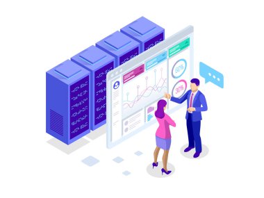 Kavram iş stratejisi. Veri mali grafikler veya diyagramlar, bilgi veri hayatinizda Illustration. Bilgisayar ekranı ve infographics izometrik vektör çizim.