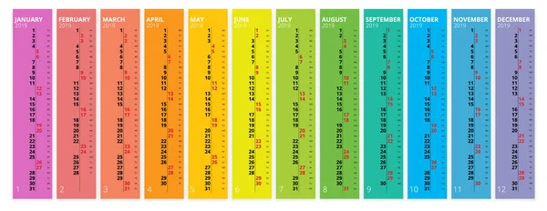 Vertical rainbow 2019 calendar vector, inglés language. Calendario 2019 de 12 meses . — Archivo Imágenes Vectoriales