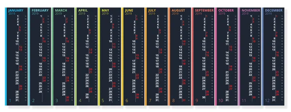 Vertical Rainbow 2019 Calendar Vector Inglés Language Calendario 2019 Meses — Archivo Imágenes Vectoriales
