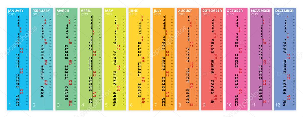 Vertical rainbow 2019 calendar vector, english language. 2019 Calendar of 12 Months.