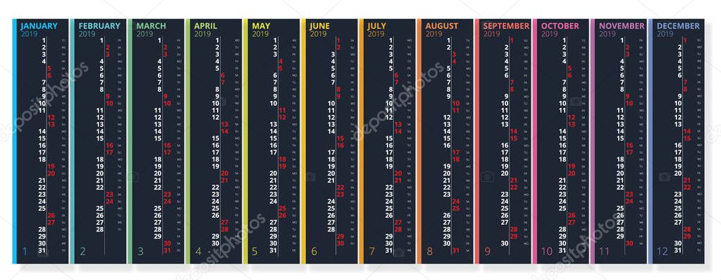 Vertical rainbow 2019 calendar vector, english language. 2019 Calendar of 12 Months