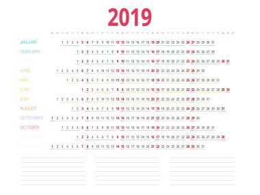 Şablon takvim 2019. Hafta Pazar günü başlar. 12 ay kümesi