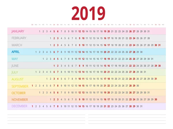 Calendário do modelo 2019. A semana começa no domingo. Conjunto de 12 Meses —  Vetores de Stock