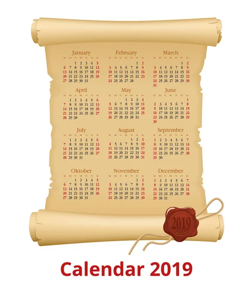 2019 Calendar on scroll. Week Starts Sunday. Portrait Orientation. 2019 Calendar of 12 Months. — Stock Vector
