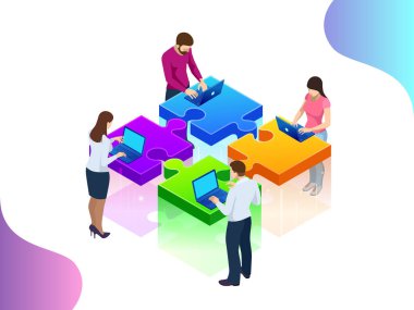 Puzzle parçaları bir araya getirmek eller iş illüstrasyon vektör