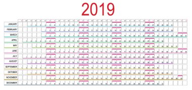 Şablon takvim 2019. Hafta Pazar günü başlar. 12 ay kümesi