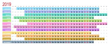 Şablon takvim 2019. Hafta Pazar günü başlar. 12 ay kümesi