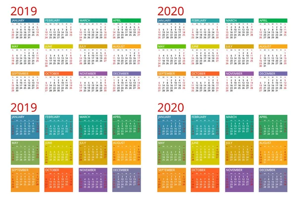 Kalenderblatt 2019, 2020. Woche beginnt am Sonntag. Satz von 12 Monaten — Stockvektor