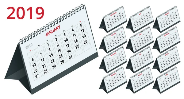 Isometric Template calendar 2019. Week Starts on Sunday. Set of 12 Months — Stock Vector
