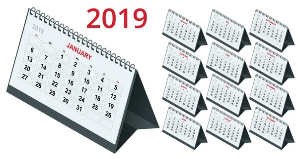 Modelo Isométrico calendário 2019. A semana começa no domingo. Conjunto de 12 Meses —  Vetores de Stock