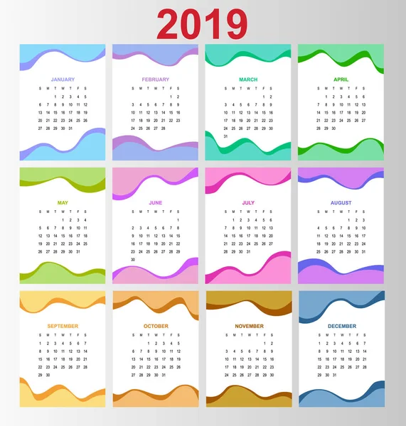 Calendário do modelo 2019. A semana começa no domingo. Conjunto de 12 Meses — Vetor de Stock