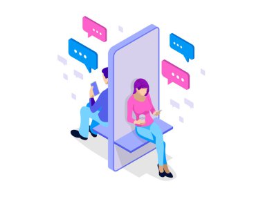 Isometric woman and man typing on mobile smartphone. Live Chat. Sms messages and Speech bubbles. Short message service bubbles. Flat vector illustration clipart