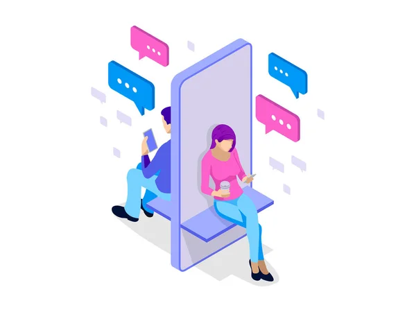 Isometric woman and man typing on mobile smartphone. Live Chat. Sms messages and Speech bubbles. Short message service bubbles. Flat vector illustration — Stock Vector