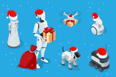 İzometrik Noel robot, Santa dron hızlı teslimat şehrin malların. Teknolojik sevk irsaliyesi yenilik kavramı. Özerk lojistik.