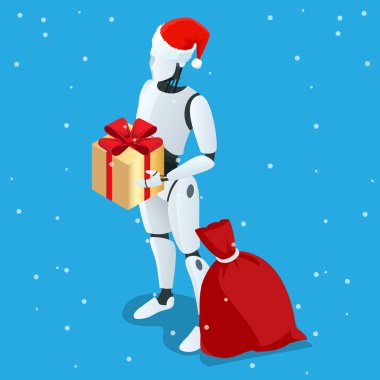 İzometrik Noel robot, Santa dron hızlı teslimat şehrin malların. Teknolojik sevk irsaliyesi yenilik kavramı. Özerk lojistik.