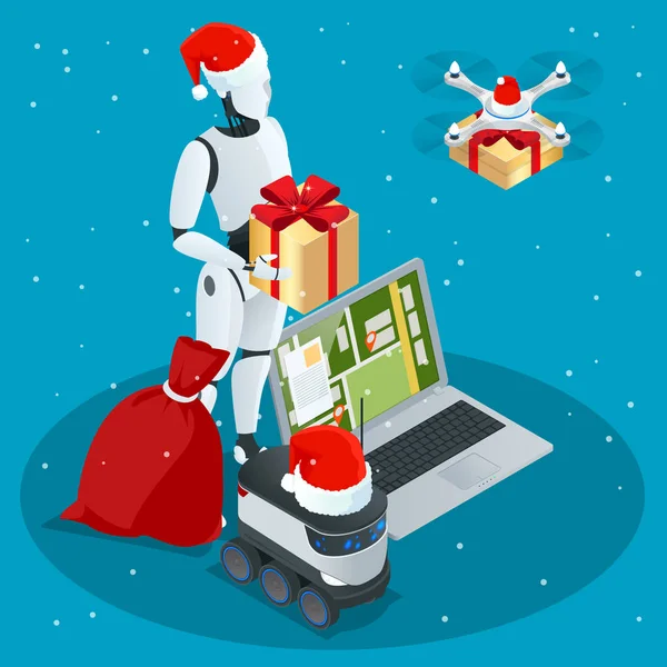 Robô de Natal isométrico, Santa Drone Entrega rápida de mercadorias na cidade. Conceito de inovação de embarque tecnológico. Logística autónoma . — Vetor de Stock