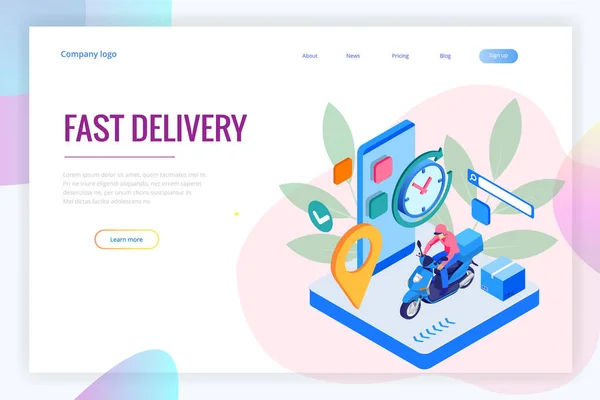 Isometric Fast and Free Delivery by Man Ride Scooter concept. Food service. Website Banner, vector illustration — Stock Vector