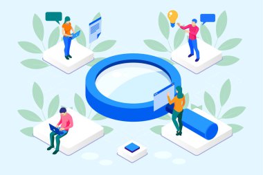 İzometrik dijital pazarlama stratejisi web afiş kavramı. Analiz veri bulut ve yatırım açılış sayfası. Medya teknoloji.