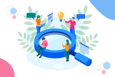 İzometrik dijital pazarlama stratejisi web afiş kavramı. Analiz veri bulut ve yatırım açılış sayfası. Medya teknoloji.