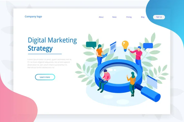 Isométrico Concepto de banner web estrategia de marketing digital. Nube de datos de análisis y landing page de inversión. Tecnología de medios . — Vector de stock