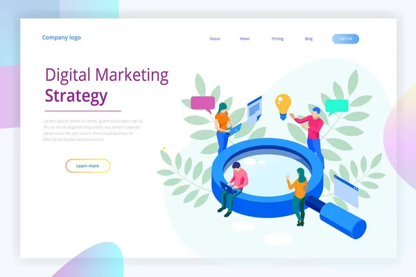 Isometrische Digital marketing strategie web banner concept. Analyse gegevens wolk en investeringen bestemmingspagina. Mediatechnologie. — Stockvector