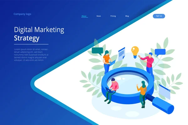 Isometric Digital marketing strategy web banner concept. Analysis data cloud and Investment landing page. Media Technology. — Stock Vector