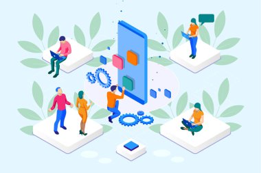 İzometrik Seo optimizasyon ve Analytics takım Modern açılış sayfası tasarım konsepti.