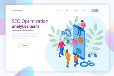 İzometrik Seo optimizasyon ve Analytics takım Modern açılış sayfası tasarım konsepti.