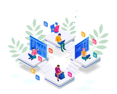 İzometrik programcı kodlama yeni proje. Web sitesi için web geliştirme ve programlama becerileri. Web Banner illüstrasyon proje ekibi mühendisleri için Web sitesi, Php, Html, Css, Js.