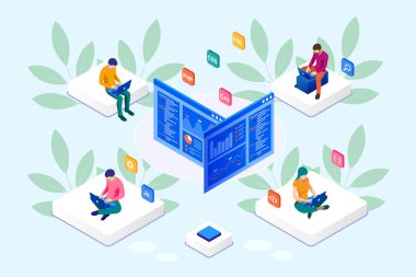Isometric programmer coding new project. Web Development and Programming Skills for website. WEB Banner illustration project team of engineers for website, PHP, HTML, CSS, Js clipart svg vector 