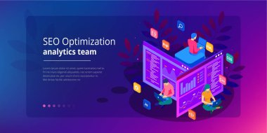 Isometric programmer coding new project. Web Development and Programming Skills for website. WEB Banner illustration project team of engineers for website, PHP, HTML, CSS, Js clipart svg vector 