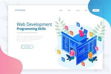 İzometrik programcı kodlama yeni proje. Web sitesi için web geliştirme ve programlama becerileri. Web Banner illüstrasyon proje ekibi mühendisleri için Web sitesi, Php, Html, Css, Js.