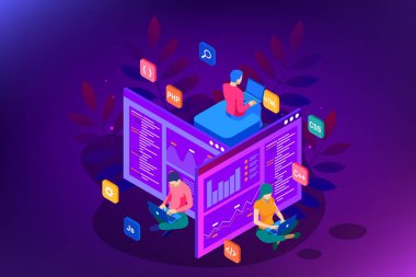 Isometric programmer coding new project. Web Development and Programming Skills for website. WEB Banner illustration project team of engineers for website, PHP, HTML, CSS, Js clipart svg vector 