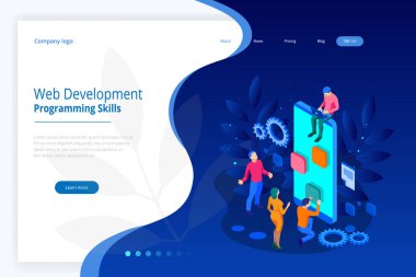 İzometrik programcı kodlama yeni proje. Web sitesi için web geliştirme ve programlama becerileri. Web Banner illüstrasyon proje ekibi mühendisleri için Web sitesi, Php, Html, Css, Js.