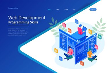 İzometrik programcı kodlama yeni proje. Web sitesi için web geliştirme ve programlama becerileri. Web Banner illüstrasyon proje ekibi mühendisleri için Web sitesi, Php, Html, Css, Js.