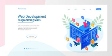 İzometrik programcı kodlama yeni proje. Web sitesi için web geliştirme ve programlama becerileri. Web Banner illüstrasyon proje ekibi mühendisleri için Web sitesi, Php, Html, Css, Js.