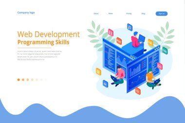 Isometric programmer coding new project. Web Development and Programming Skills for website. WEB Banner illustration project team of engineers for website, PHP, HTML, CSS, Js clipart svg vector 