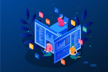 Isometric programmer coding new project. Web Development and Programming Skills for website. WEB Banner illustration project team of engineers for website, PHP, HTML, CSS, Js clipart svg vector 