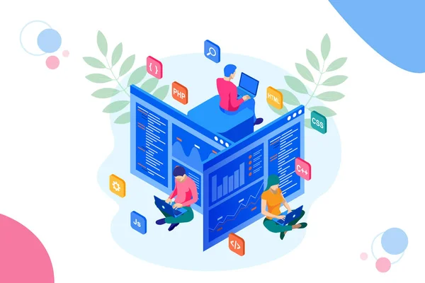电子表编程器编码新项目。网站开发和编程技能。网站、php、html、css、j 的工程师团队. — 图库矢量图片