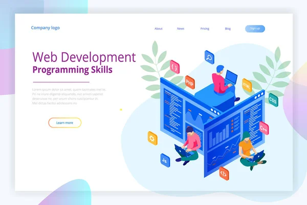 Isometric programmer coding new project. Web Development and Programming Skills for website. WEB Banner illustration project team of engineers for website, PHP, HTML, CSS, Js. — Stock Vector