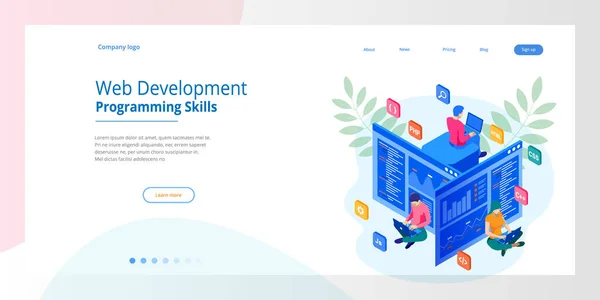 Izometrikus programozó kódolási új projekt. Web fejlesztés és a programozás készségek honlapján. Web Banner illusztráció projekt csapat mérnökei, honlap, Php, Html, Css, Js. — Stock Vector