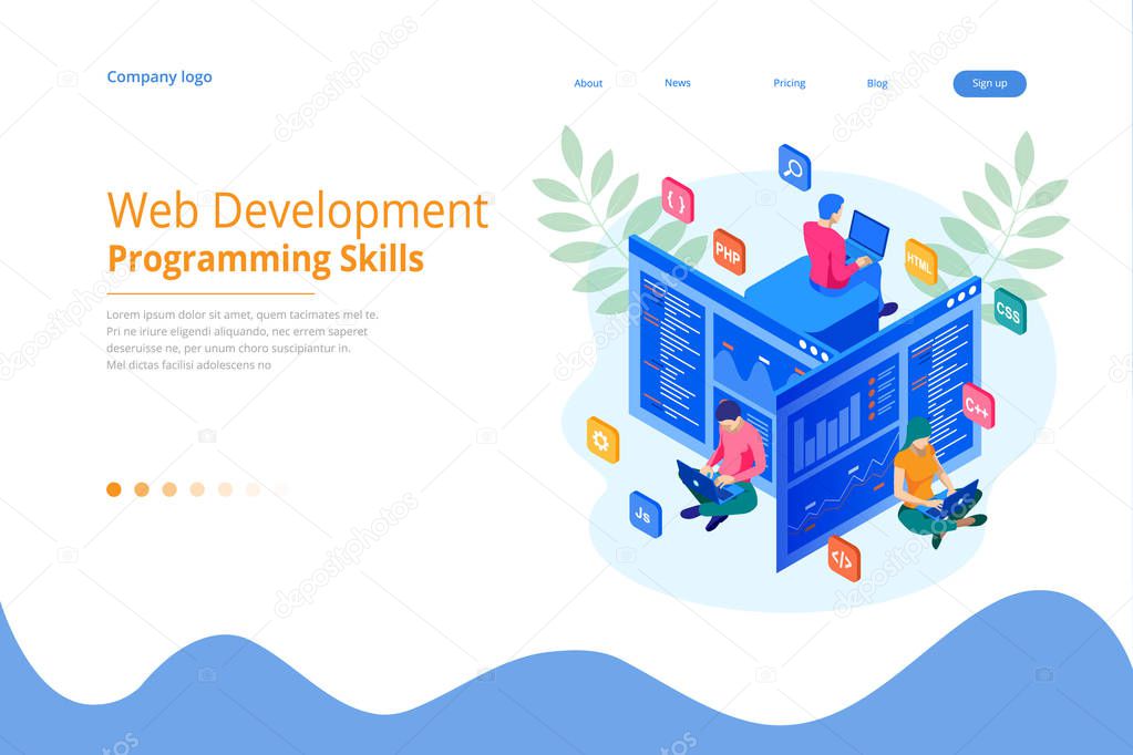 Isometric programmer coding new project. Web Development and Programming Skills for website. WEB Banner illustration project team of engineers for website, PHP, HTML, CSS, Js.