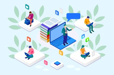 İzometrik web banner online eğitim veya eğitim ve Internet eğitim kursları kavramı. Açılış sayfası şablonu. Bir web sayfası için modern tasarım.