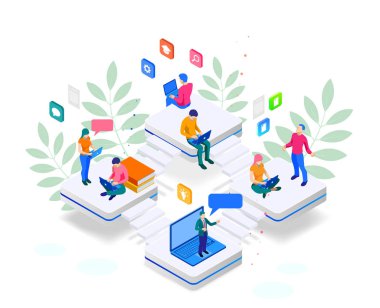 İzometrik web banner online eğitim veya eğitim ve Internet eğitim kursları kavramı. Açılış sayfası şablonu. Bir web sayfası için modern tasarım.