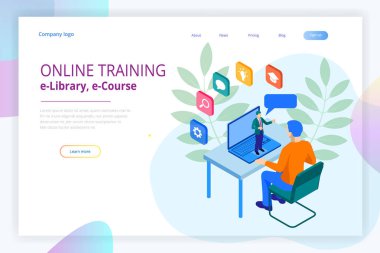 İzometrik web banner online eğitim veya eğitim ve Internet eğitim kursları kavramı. Açılış sayfası şablonu. Bir web sayfası için modern tasarım.
