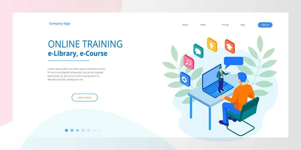 Isometrische web banner on line training of onderwijs en Internet trainingsconcept cursussen. Landing paginasjabloon. Modern ontwerp voor een web-pagina. — Stockvector
