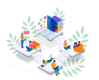 İzometrik web afiş E-öğrenme online, Kütüphane online kavramı. Açılış sayfası şablonu. Bir web sayfası için modern tasarım.