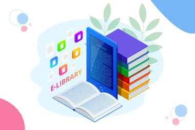 İzometrik web afiş E-öğrenme online, Kütüphane online kavramı. Açılış sayfası şablonu. Bir web sayfası için modern tasarım.
